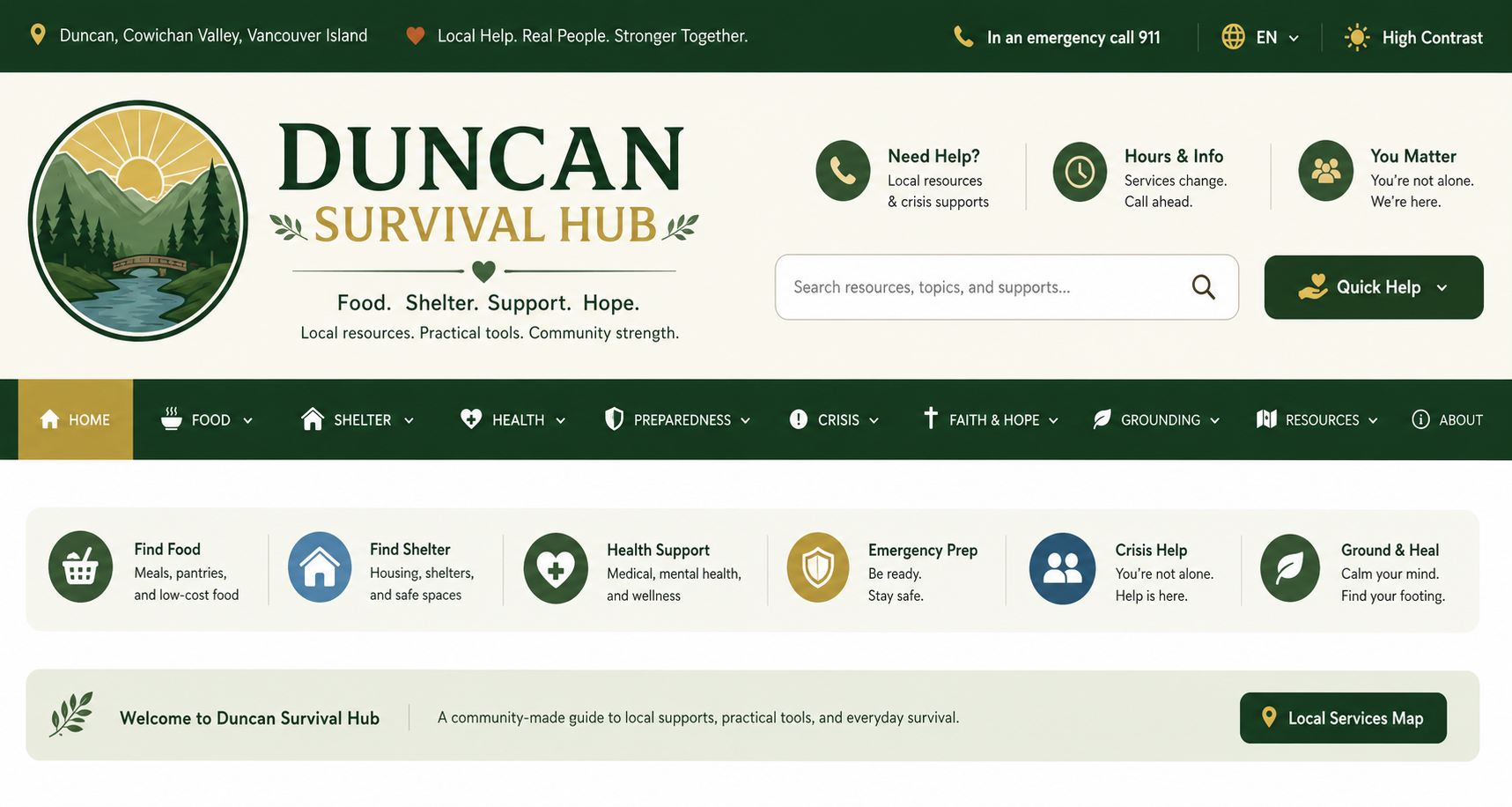Duncan Survival Hub โ Food, Shelter, Support, Hope. Local resources, practical tools, and community strength for Duncan and the Cowichan Valley.